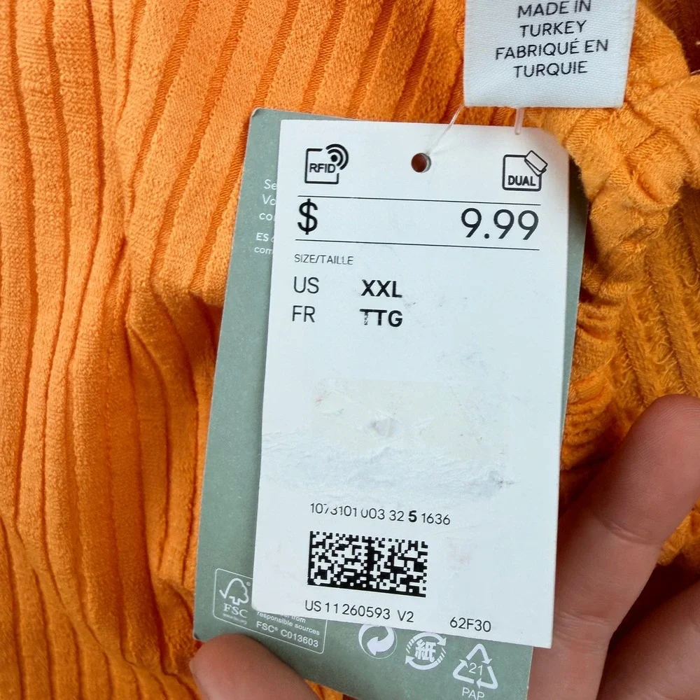 H&M Orange‎ Women's XXL Ribbed Ruched Front Crop Top NWT